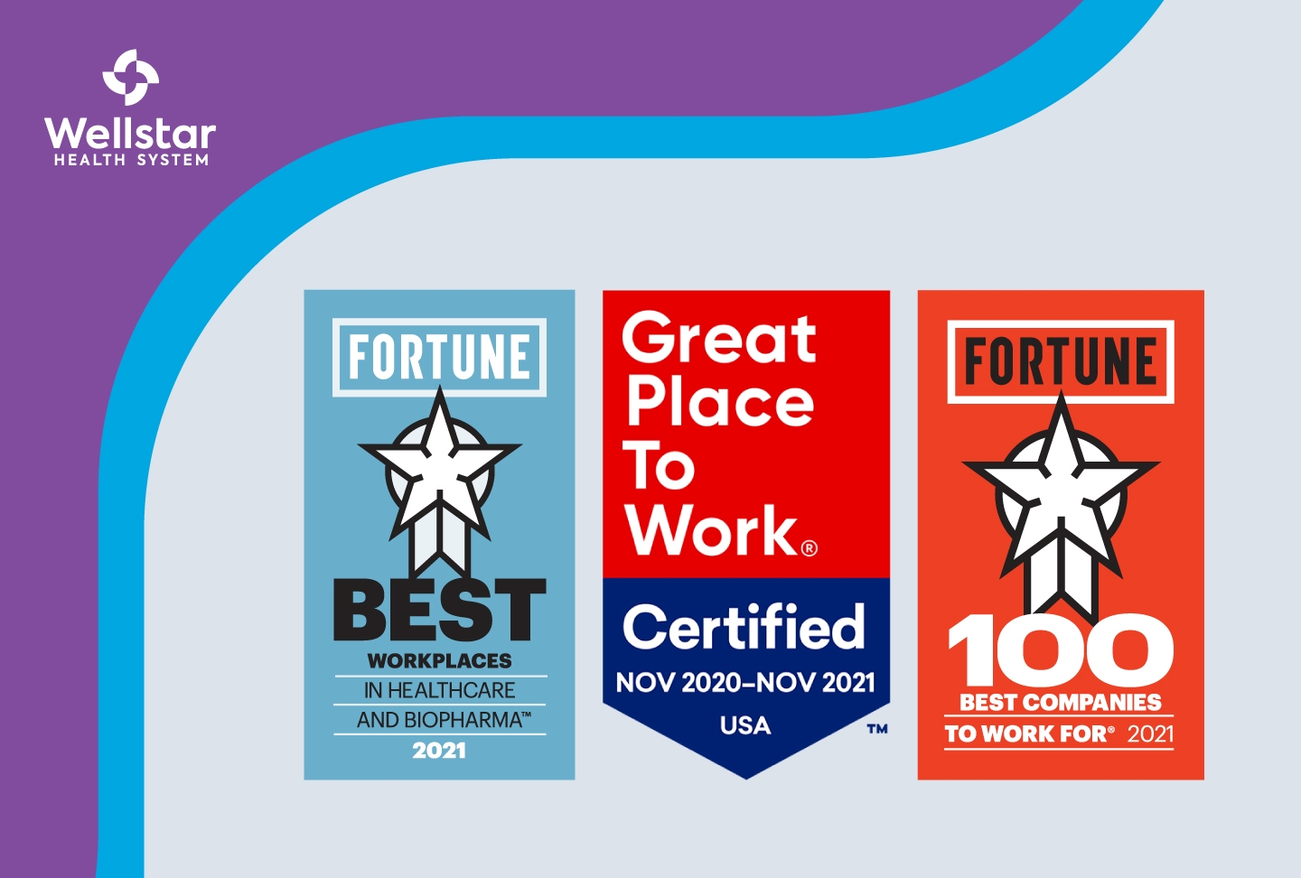 Logos for Fortune 100 Best Places to Work, Best Workplaces in Healthcare & Biopharma and GPTW Certified.