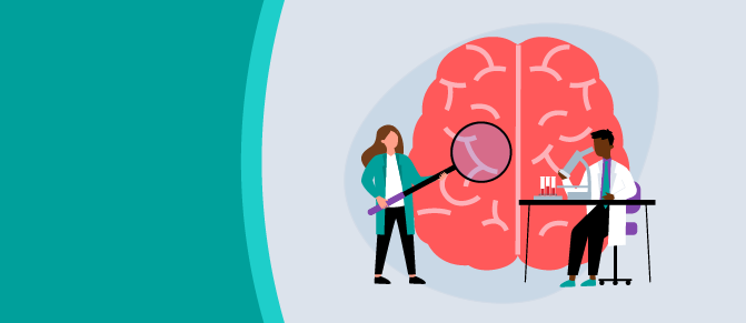 An artistic representation of stroke experts inspecting a brain with a magnifying glass.