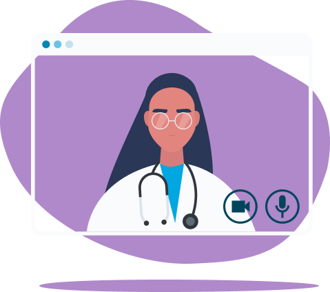 An illustration of a female physician framed within a browser window to represent a video chat virtual doctor's visit.